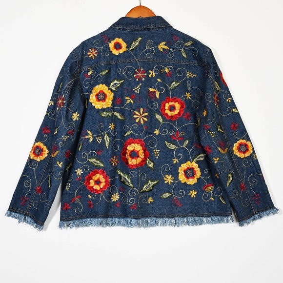 Chico’s Beautiful Whimsical Vibrant Floral Embroidered Denim jacket Sz 3 / XL/16 - Picture 9 of 12